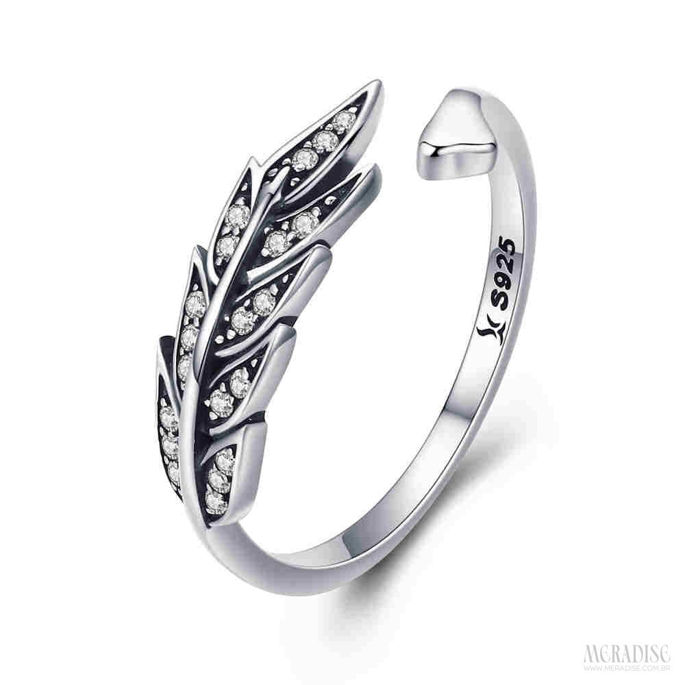 Anel Feminino Pena Ajustável, Prata 925 - Meradise