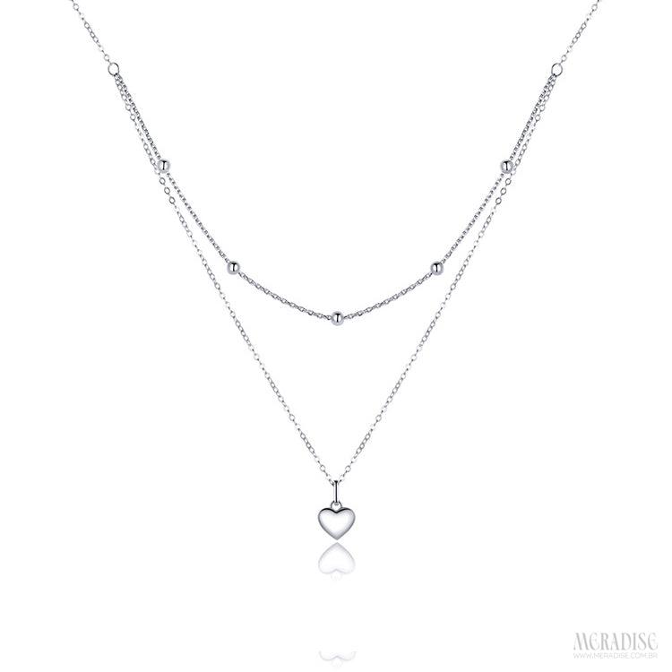 Colar Feminino Duplo Coração Prata 925 - Meradise