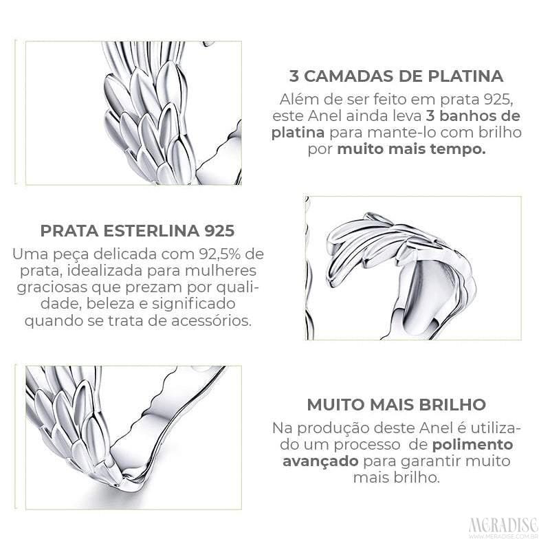 Anel Feminino Asas da Proteção Ajustável, Prata 925 - Meradise 5