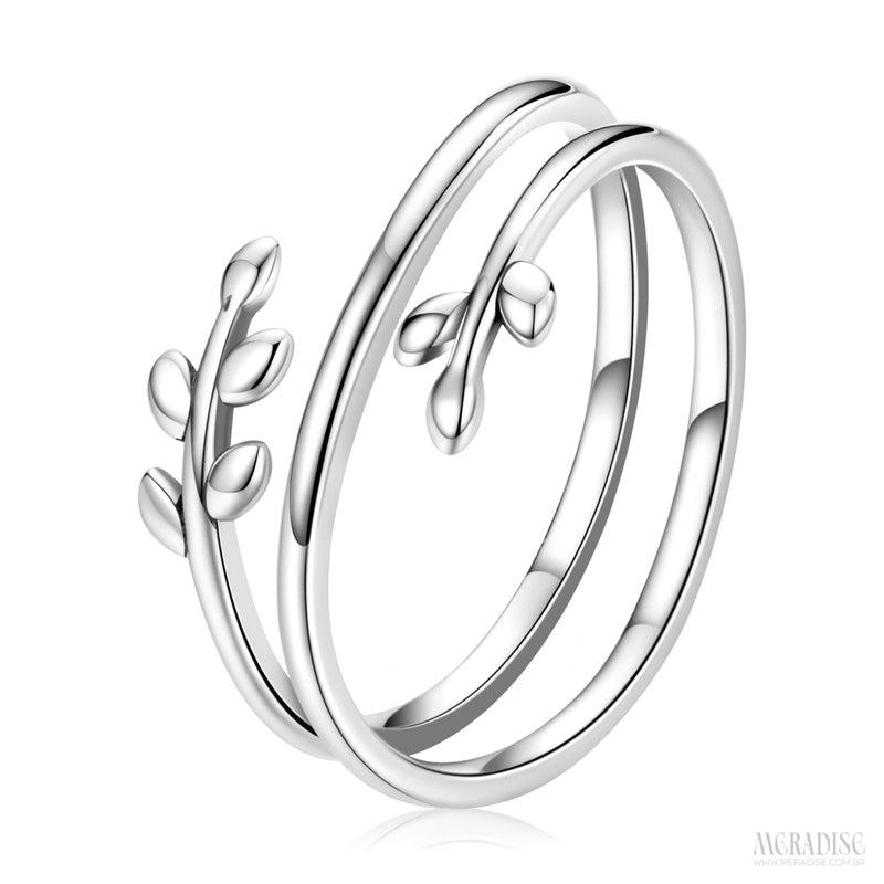 Anel Feminino Folhas Ajustável, Prata 925 - Meradise 
