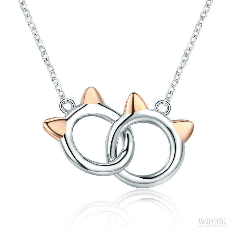 Colar Feminino Pequenos Gatinhos Prata s925 - Meradise 